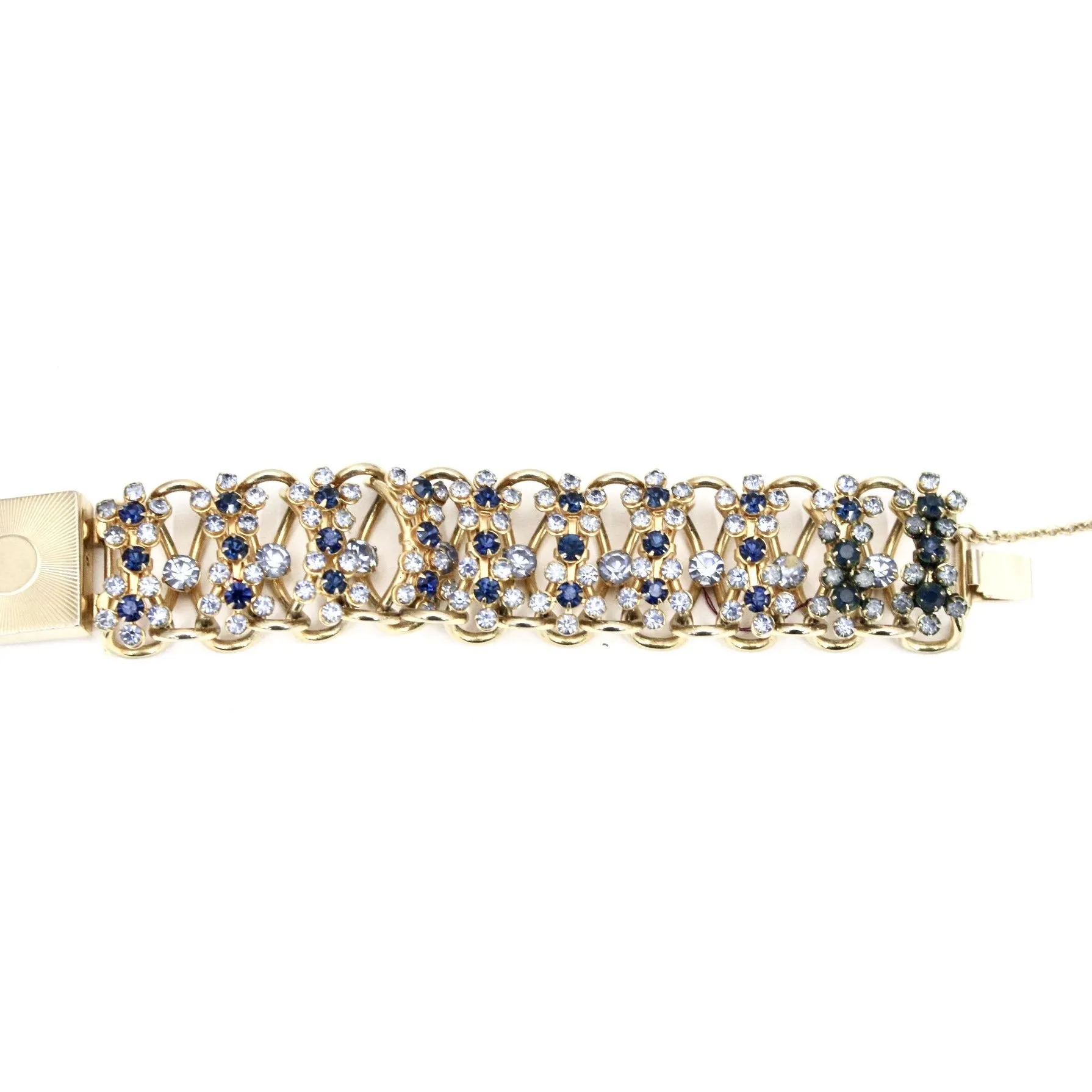 Vintage Bracelet 1950s Rolo Chain High Relief Blue Prong Set Rhinestones Gold Tone  7.25"