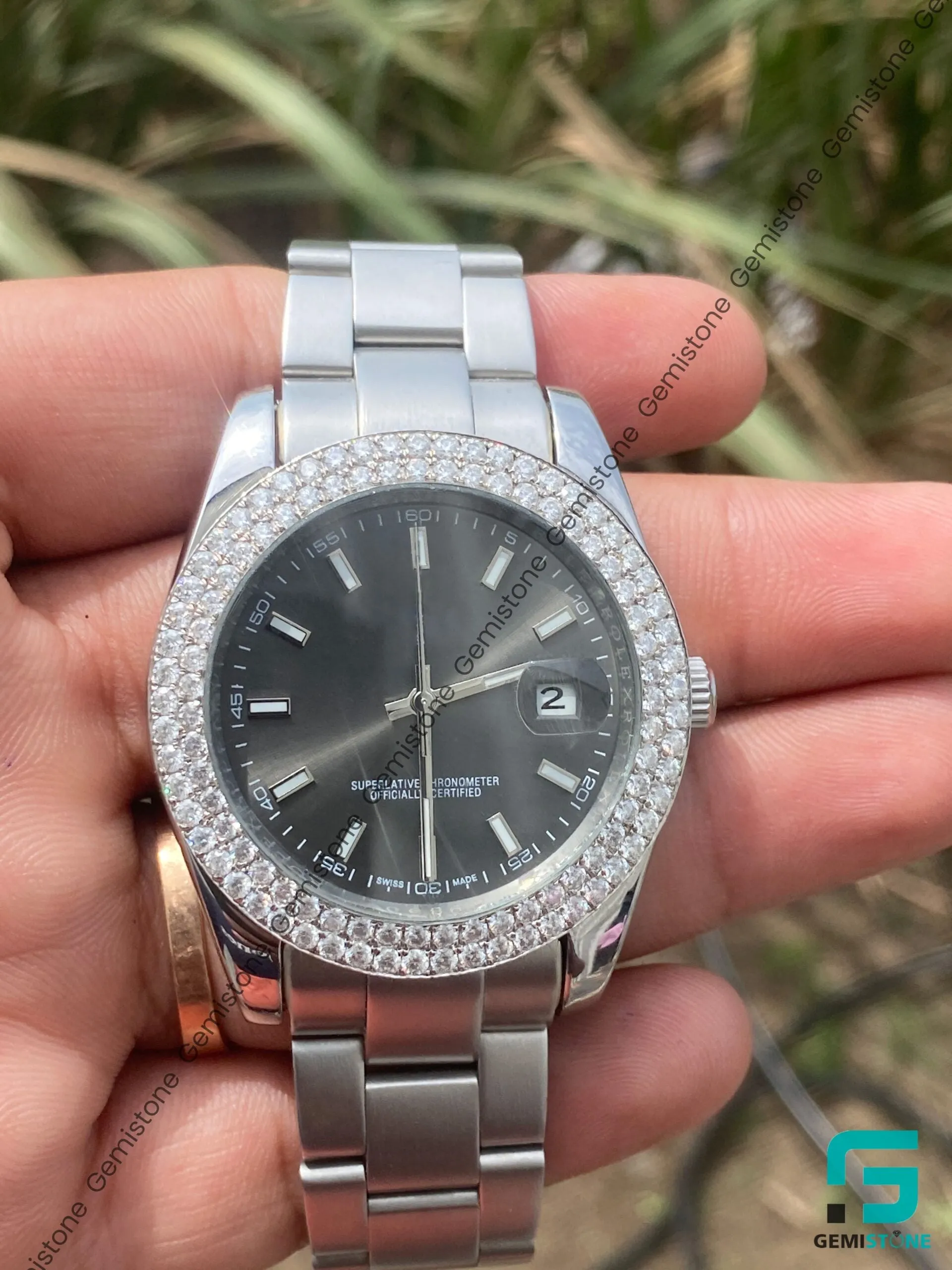 VVS Moissanite DJ Stainless Steel Bezel Diamond Grey Dial Watch Mens