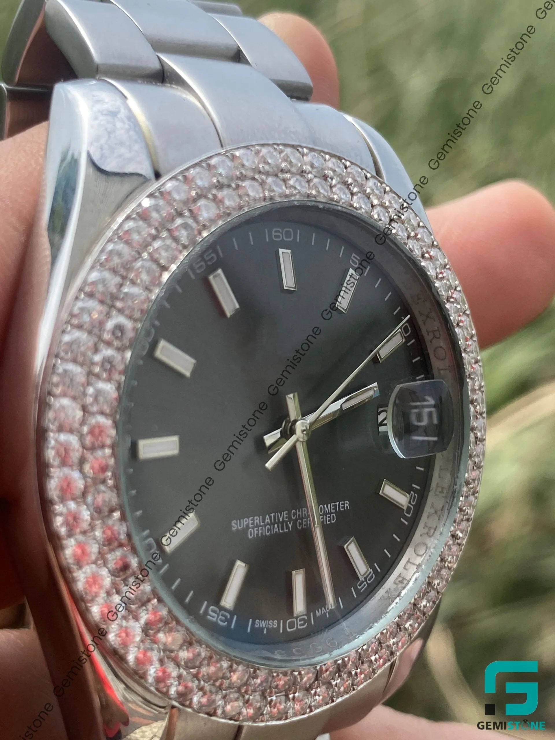 VVS Moissanite DJ Stainless Steel Bezel Diamond Grey Dial Watch Mens