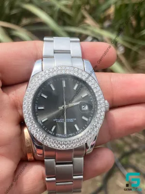 VVS Moissanite DJ Stainless Steel Bezel Diamond Grey Dial Watch Mens