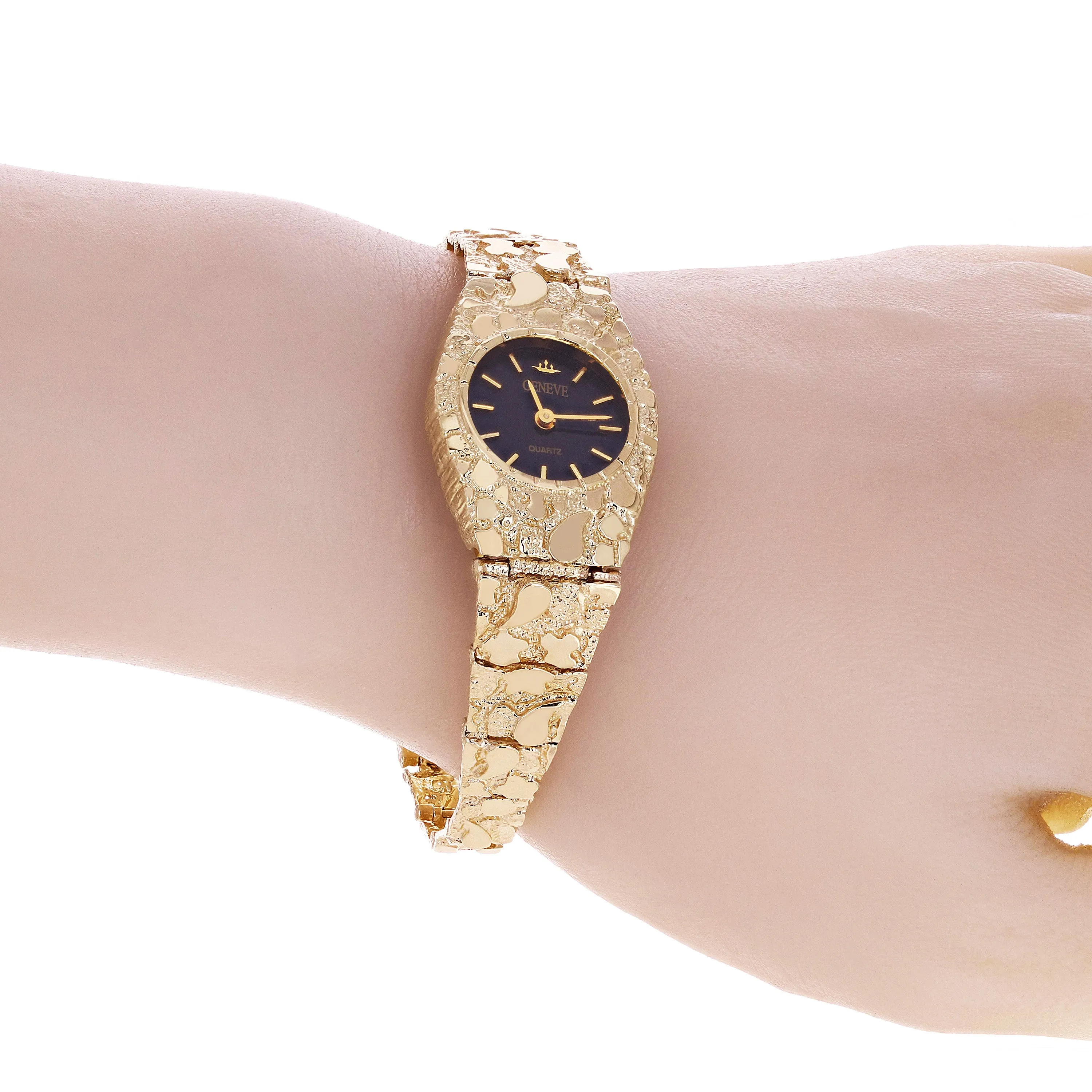 Women's 10k Yellow Gold Nugget Link Bracelet Geneve Wrist Watch 8" 29.6 grams