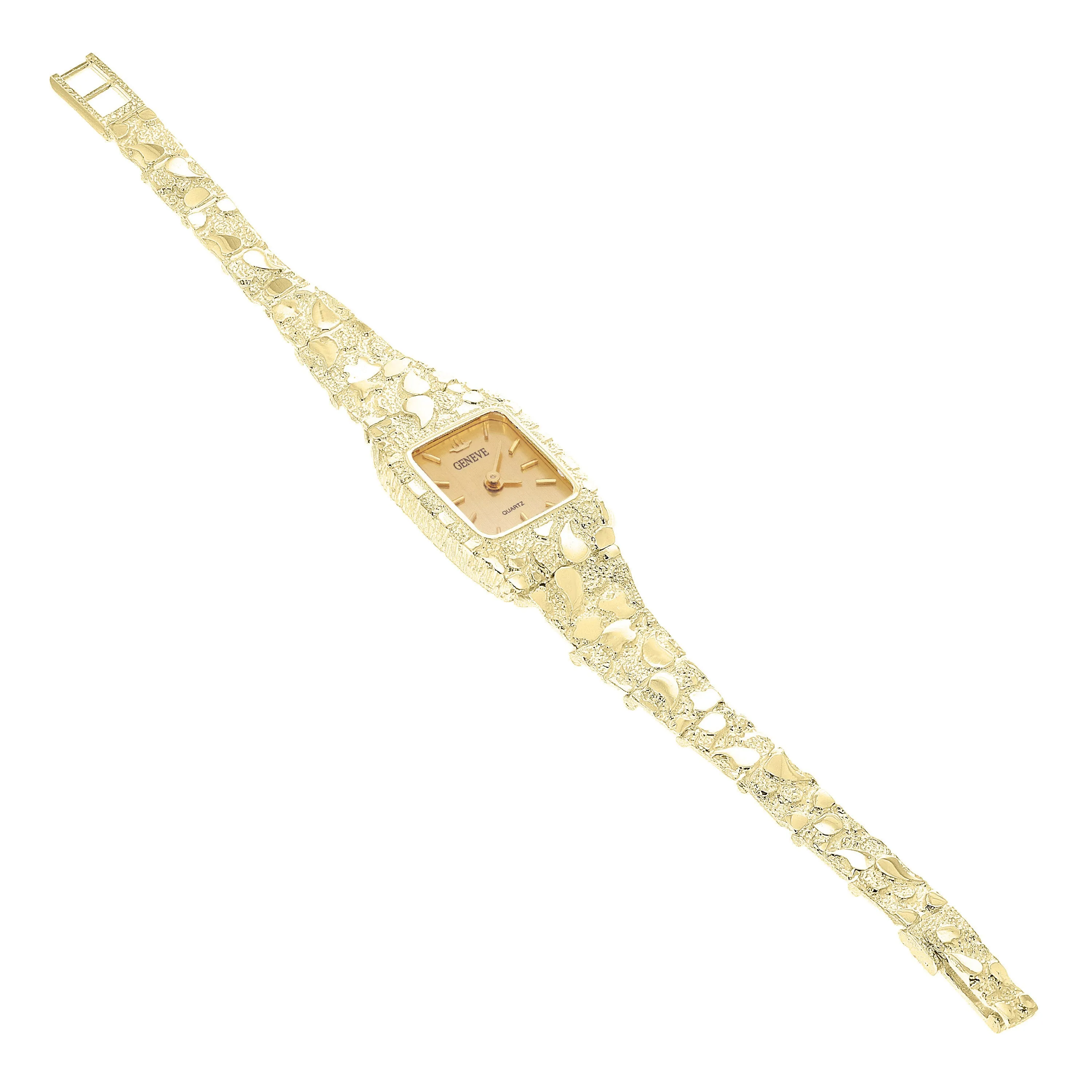 Women's 14k Yellow Gold Nugget Bracelet Geneve Guadalupe Diamond Wrist Watch 7"