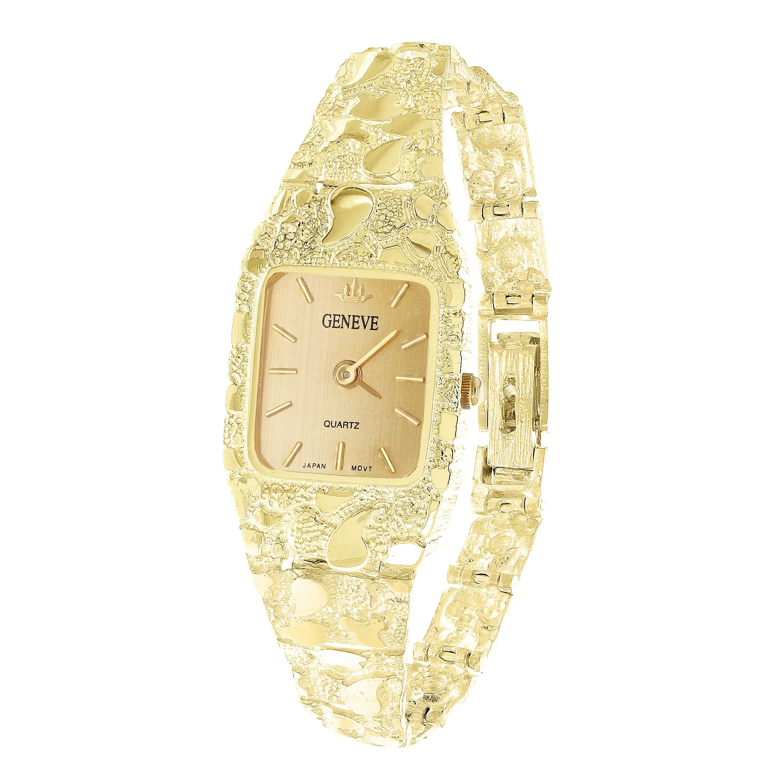 Women's 14k Yellow Gold Nugget Bracelet Geneve Guadalupe Diamond Wrist Watch 7"